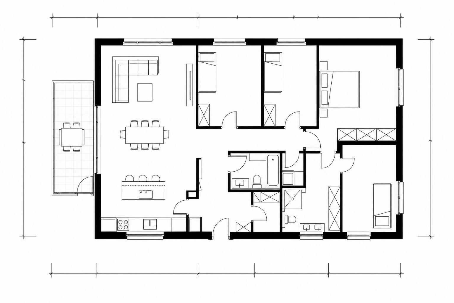 2D-Grundriss mit Möblierung und Masslinien
